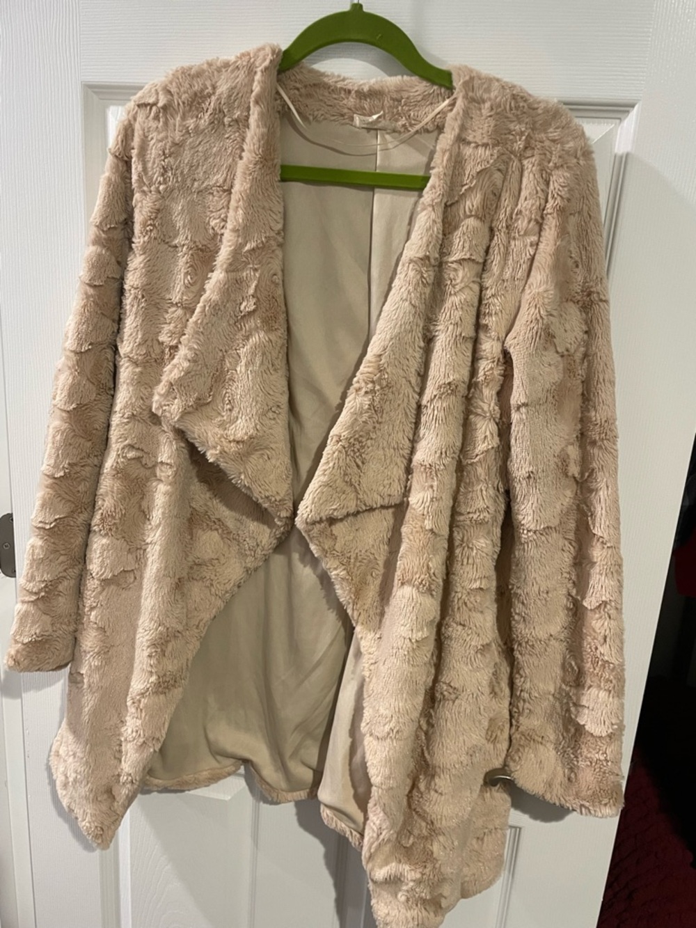 Mystree Plush Open-Front Teddy Jacket in Light Taupe